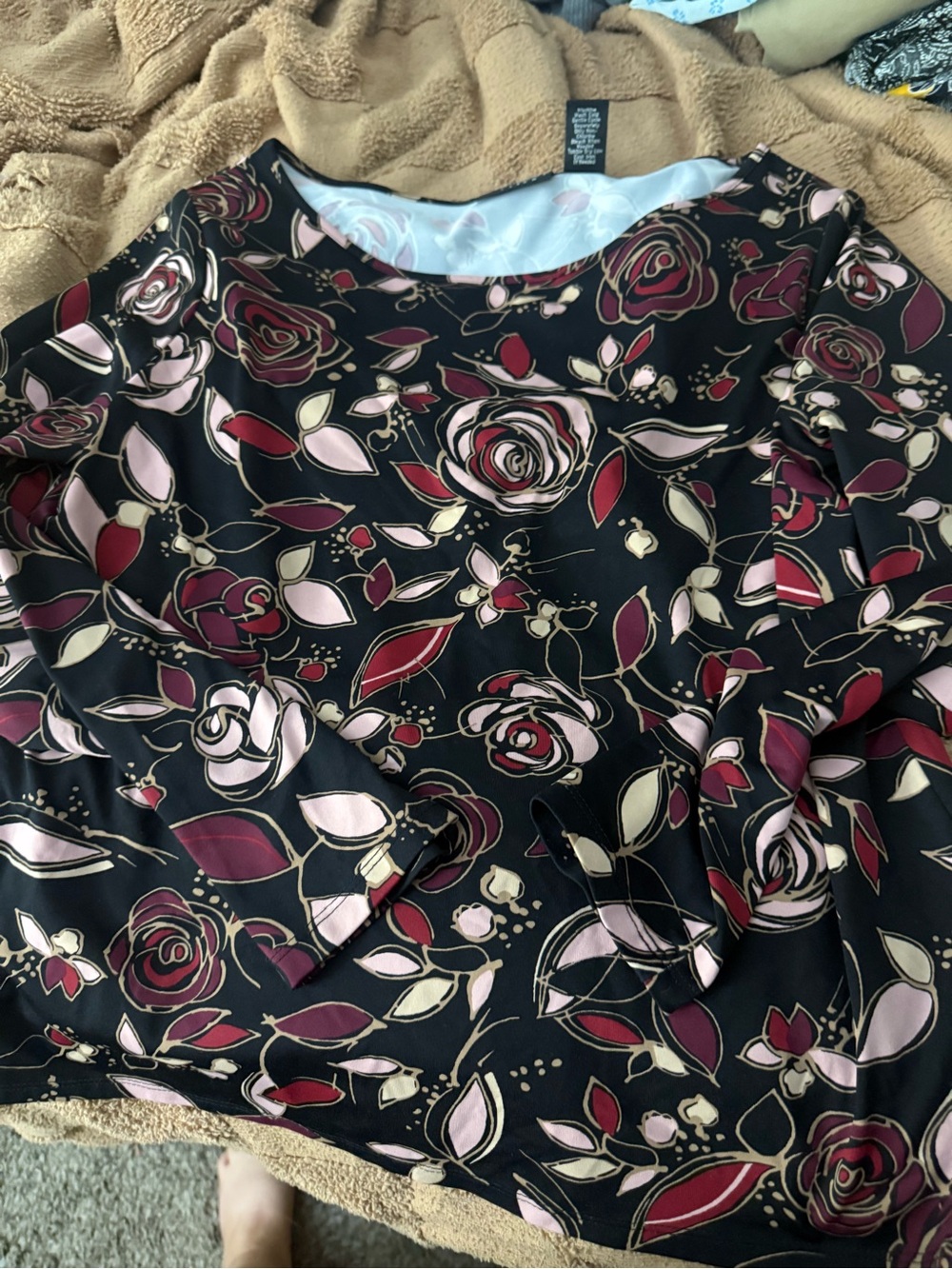 Christopher & Banks Black Floral Blouse with Pink and Burgundy Accents